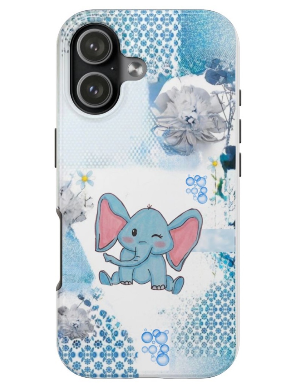 Hand Drawn Winking Baby Elephant Phone Case With Blue Floral Accents